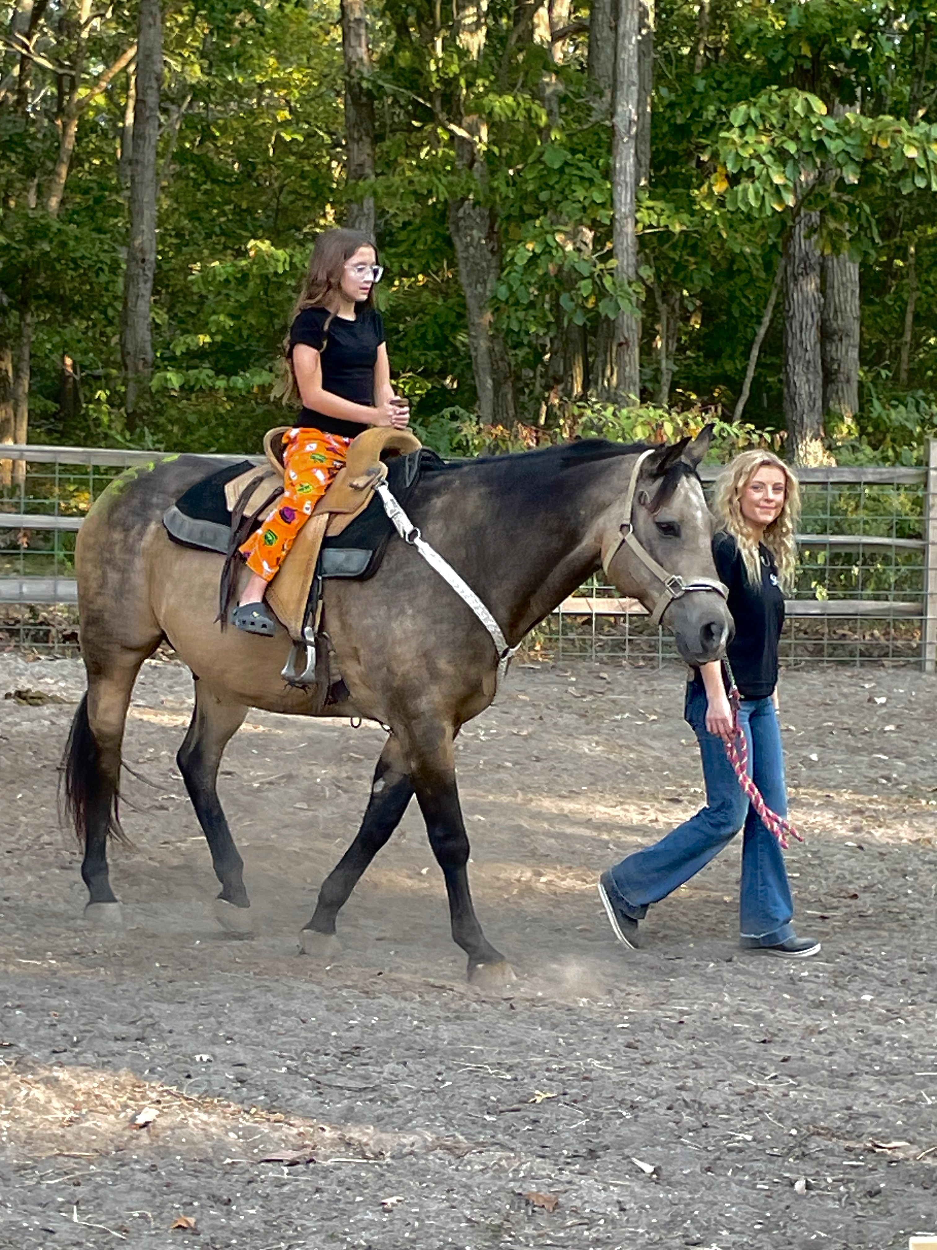 person leading horse with rider